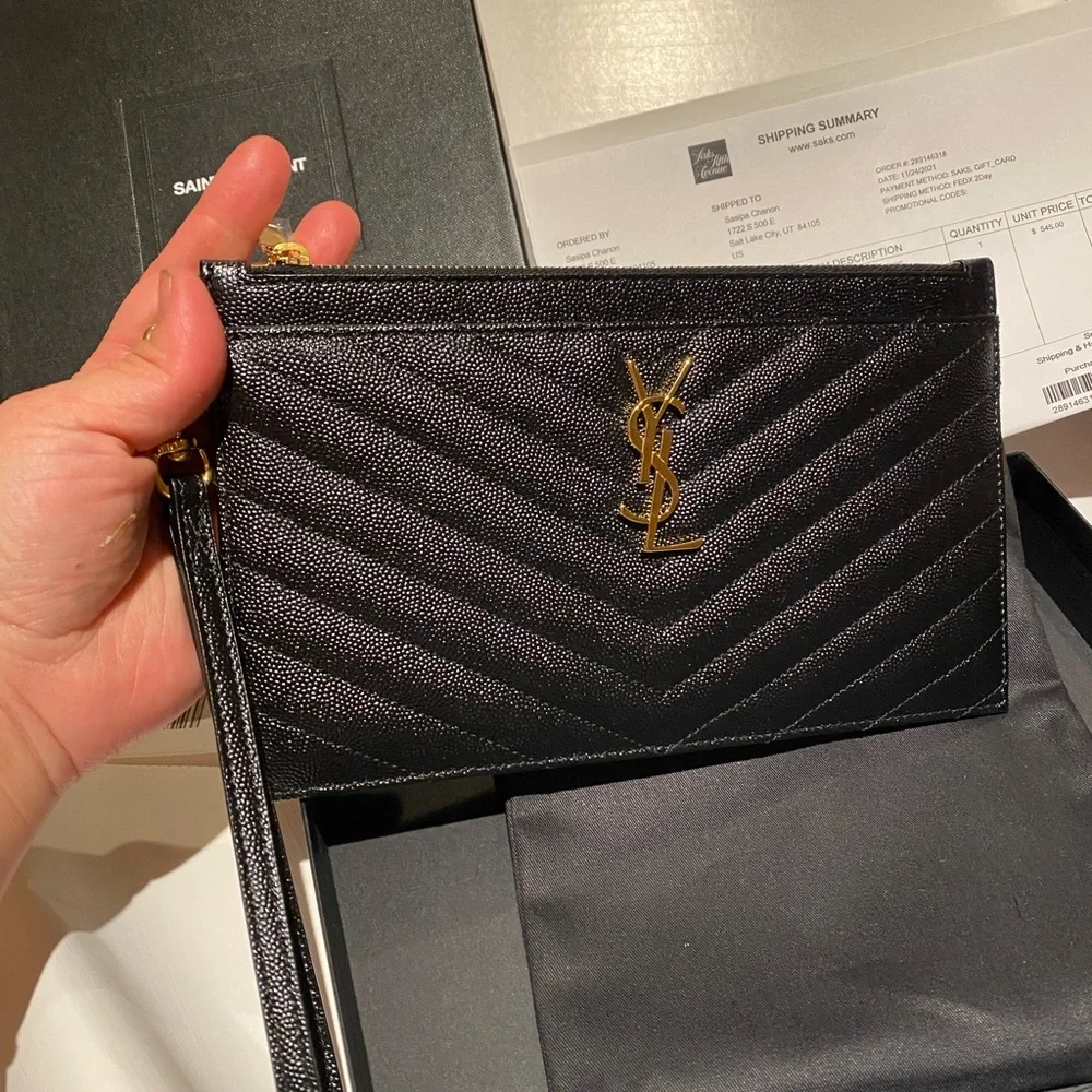 Yves Saint Laurent Black Quilted Leather Wristlet with Gold YSL Logo - Picture 2 of 8